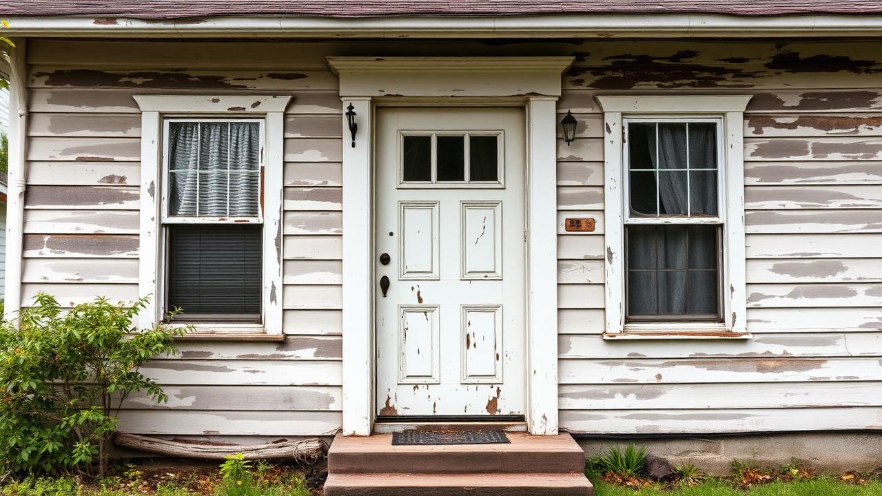 Weathered home exterior with peeling paint, representing a property sold as-is