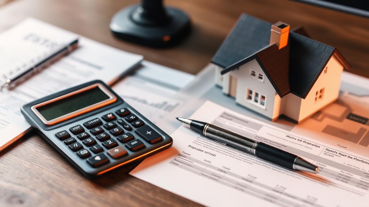 Calculator, pen, and financial documents next to a small model house on a desk