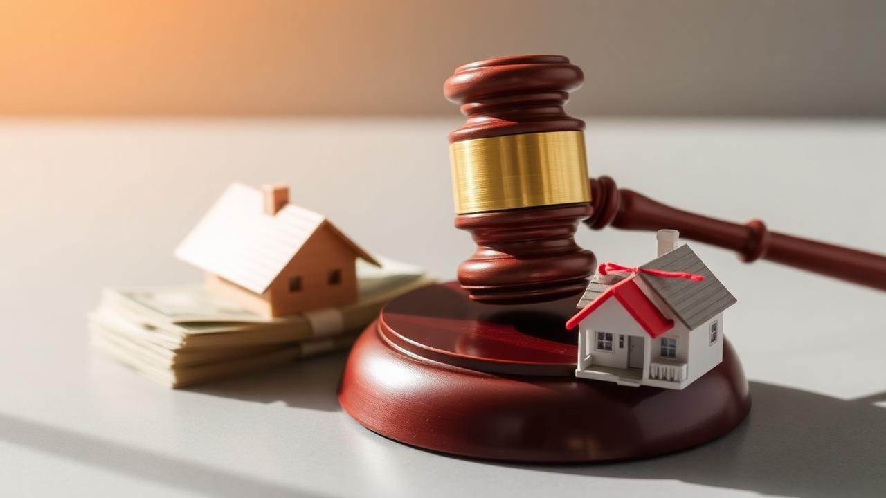 A gavel, stack of cash, and small model houses comparing cash offer versus traditional listing