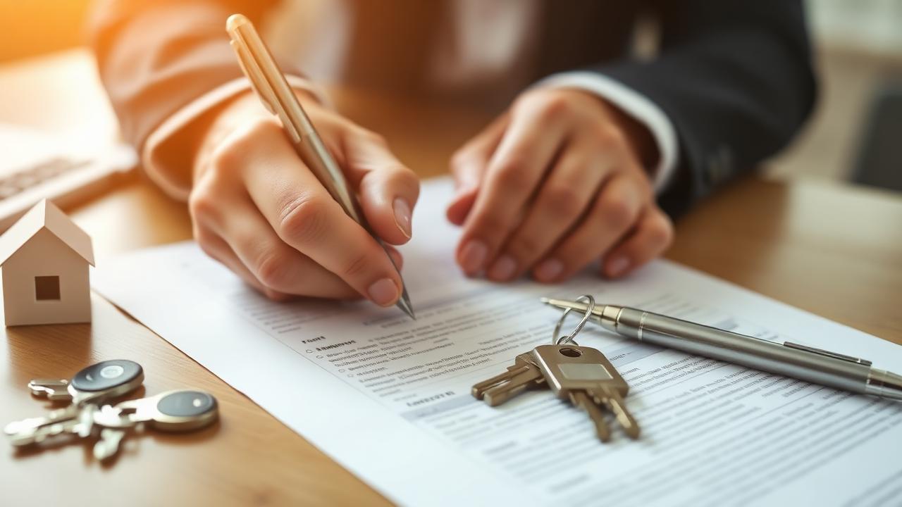 Close-up of hands signing real estate closing paperwork with house keys on the table