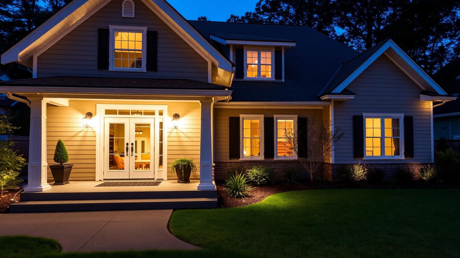 Welcoming two-story home exterior at dusk with warm lights on inside