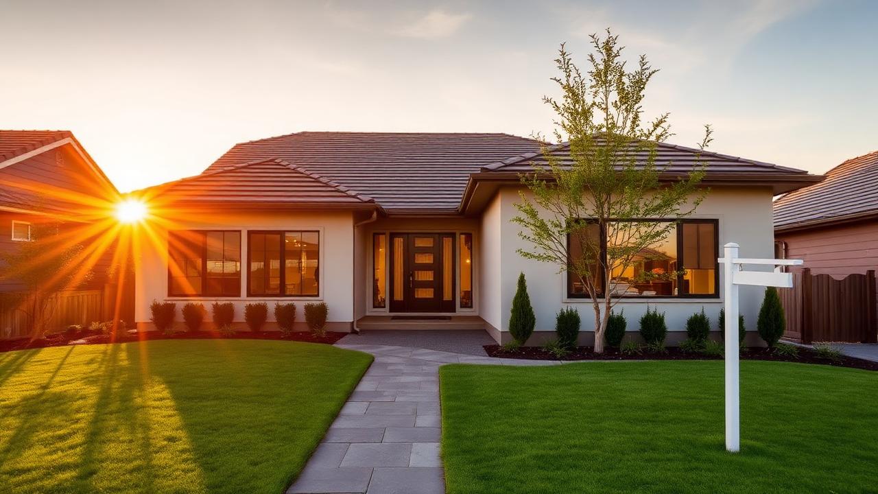 Modern suburban home exterior at golden hour with a for-sale sign in the front yard