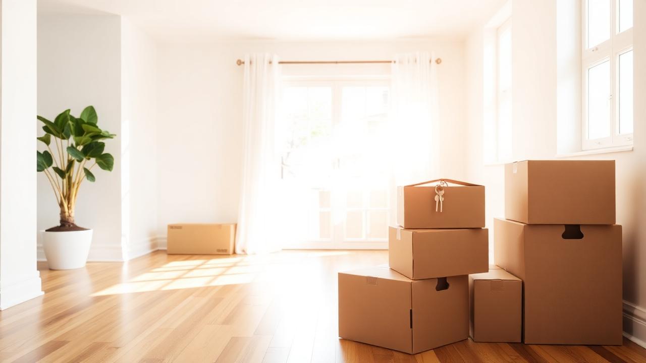 Moving boxes and keys in a sunlit empty living room ready for relocation